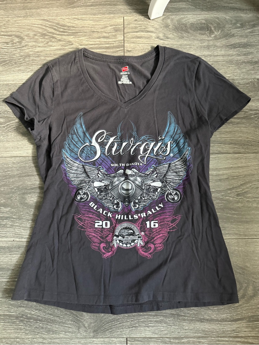 Hanes Women's Black V-Neck Sturgis Graphic Tee with Blue and Purple Accents